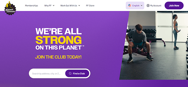 Discover one of the best gym websites where a man sits confidently on gym equipment while a woman stands poised beside him. The message says it all: "We're All Strong on This Planet. Join the Club Today!.