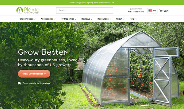 Welcome to the Plánta Greenhouses homepage, where you'll find the best greenhouse designs nestled in lush green grass. Our slogan, "Grow Better," captures our mission. Click to explore our exceptional greenhouses and experience why we're one of the top greenhouse websites.