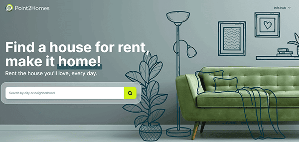Website homepage for renting houses, blending the charm of commercial real estate websites with a touch of home. It features a search bar, a green sofa, a potted plant, and wall art illustrations—creating an inviting space to start your property search.