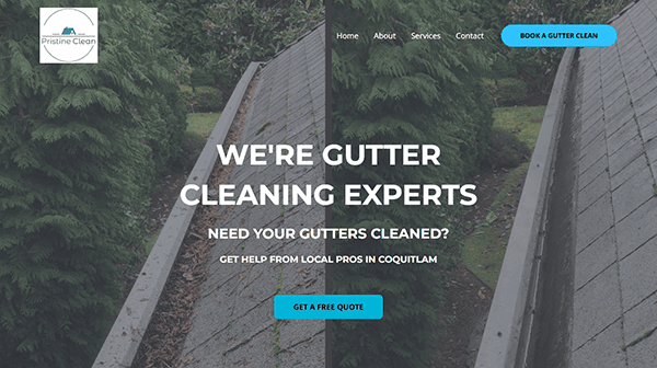 Rooftop with clean gutter alongside trees, featuring text promoting gutter cleaning services and contact options. Visit top Gutter Cleaner Websites for more information and to schedule your service today!.