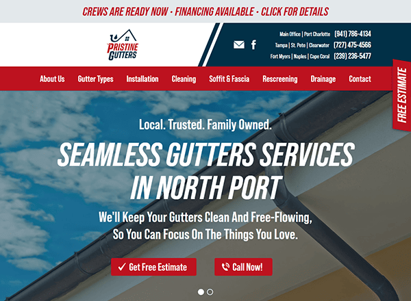 Welcome to Pristine Gutters, one of the best gutter cleaner websites. Our homepage showcases a stunning banner featuring a house gutter against a blue sky. Explore our promotional text, contact details, and easily access buttons for a free estimate today.