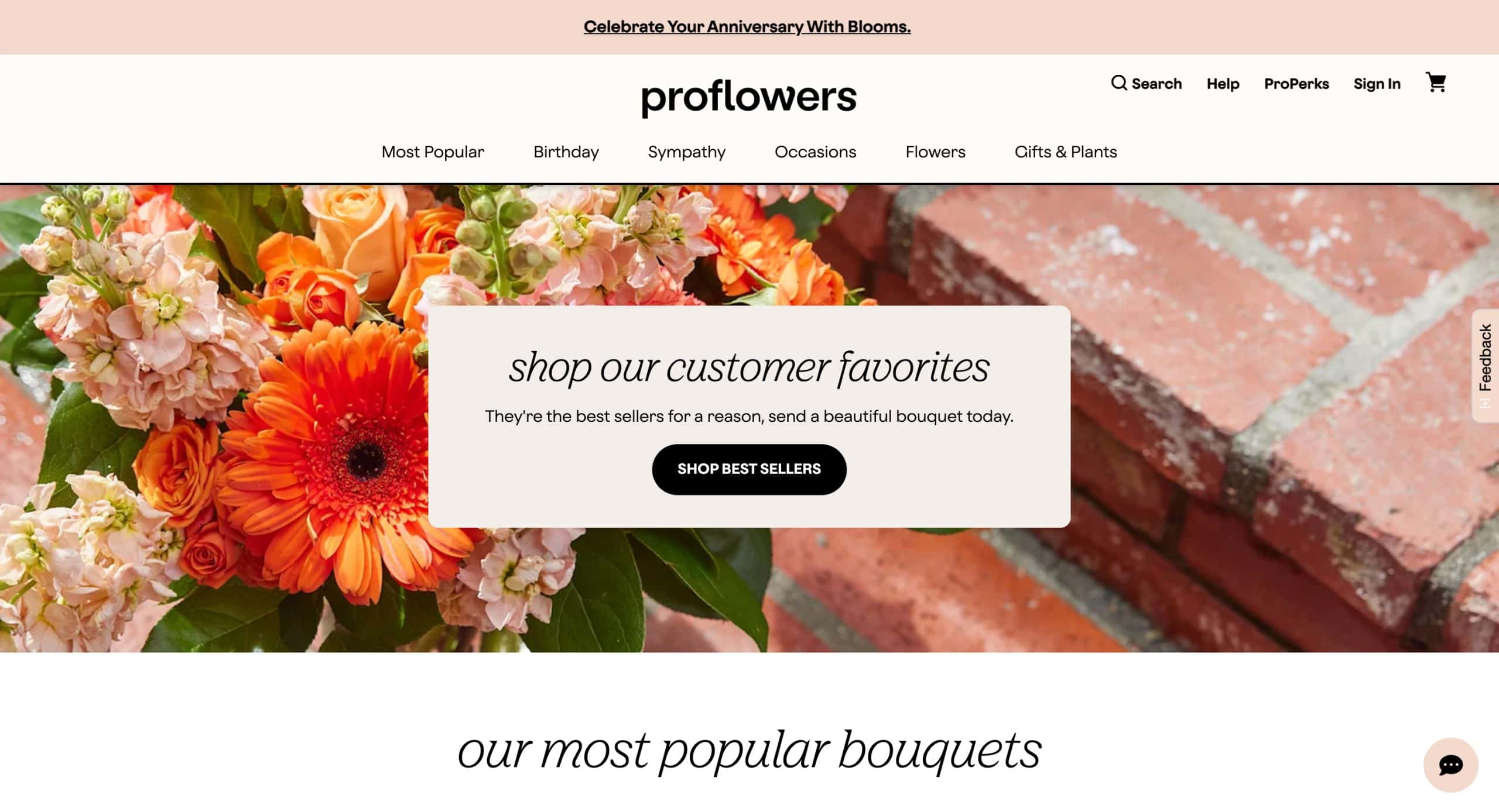 Screenshot of Proflowers website homepage featuring a bouquet of orange and pink flowers, a banner saying shop our customer favorites, a Shop Best Sellers button, and a navigation menu—an inspiring example among top florist websites.