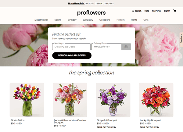 The website screenshot showcases ProFlowers' "Spring Collection," a standout among the best florist websites. It highlights four exquisite floral arrangements: Picnic Tulips, Peony & Ranunculus Garden Bouquet, Graceful Bouquet, and Lucky Lily Bouquet.