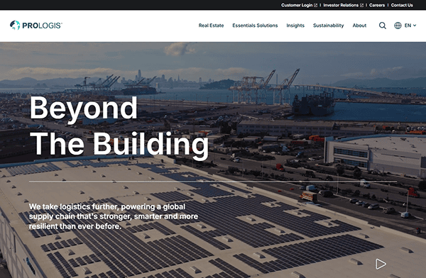 Prologis homepage showcasing a rooftop solar array on a warehouse near a port. Text reads: "Beyond The Building. We take commercial real estate and logistics further, powering a global supply chain.