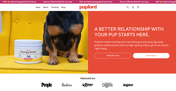 A dog sits next to a container of Pupford Allergy Relief on one of the best dog training websites, complete with a call-to-action button.