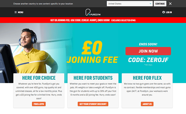 Explore our gym membership promotion with a "£0 Joining Fee" prominently highlighted. Choose from options like "Choice," "Students," and "Flex." Use promo code: ZEROJF. Hurry, offer ends soon! Our modern fitness website design features an image of a man enjoying music through headphones.