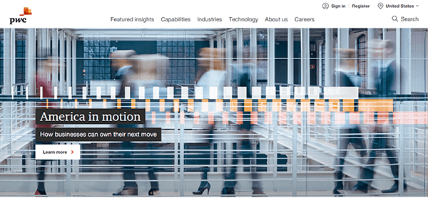 Blurry motion image of people walking in a modern office environment, overlaid with text reading "America in motion: How businesses and CPA firms can own their next move.