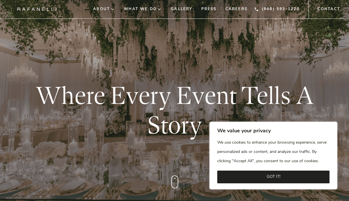 Elegant event space with chandeliers, floral ceiling decorations, and beautifully set tables; a privacy notice about cookies appears in the foreground, similar to many event planner websites. The screen shows the text Where Every Event Tells A Story.