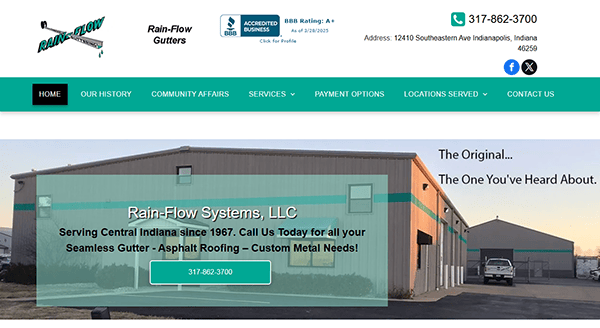 Explore the homepage of Rain-Flow Systems, LLC, showcasing a warehouse image, contact number, navigation menu, and business details. Discover why Rain-Flow is among the best gutter cleaner websites for all your needs.