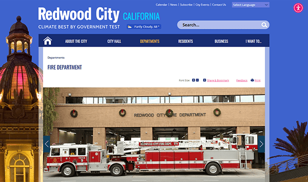 The Redwood City Fire Department's website features a striking image of a fire truck parked in front of the department building. The sleek design, epitomizing one of the best fire department websites, includes a page header with navigation links and a live weather update.