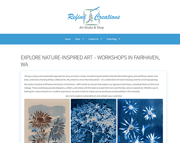 Website screenshot of Refind Creations Art Studio & Shop, featuring nature-inspired workshops. The page includes floral artwork examples and a description of creative classes in Fairhaven, WA, alongside tips on furniture refinishing for enthusiasts seeking inspiration from the best refinishing websites.