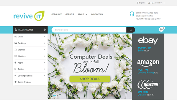 Screenshot of a top-rated electronics website homepage with a floral-themed banner advertising "Computer Deals are in full Bloom!" and navigation links for categories like Desktops, Laptops, Monitors, and Computer Repair services.
