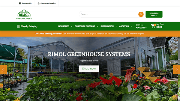 Rimol Greenhouse Systems' website showcases the best in greenhouse design, with images of lush plants. The menu offers options like Shop, Industries, Customer Success, and Contact. A prominent banner highlights the 2023 catalog.
