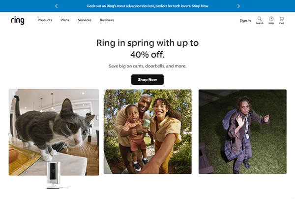 Explore our Ring promotional webpage, showcasing a cat on a counter, a family gathered outside, and someone approaching the door. Enjoy up to 40% off on cameras, doorbells, and more from one of the best home security websites.