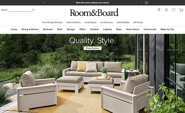 Room & Board's website showcases one of the best outdoor furniture sets, featuring sofas and chairs elegantly positioned on a yellow rug in a lush garden. Text reads "Quality. Style. Shop Outdoor.