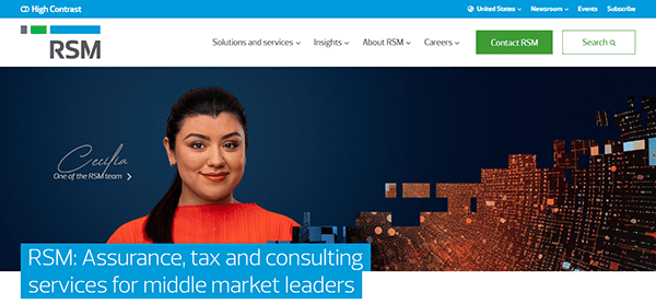 RSM's homepage showcases a woman in a red blouse with the tagline: "Assurance, tax, and consulting services for middle market leaders," exemplifying one of the top CPA websites in the industry.