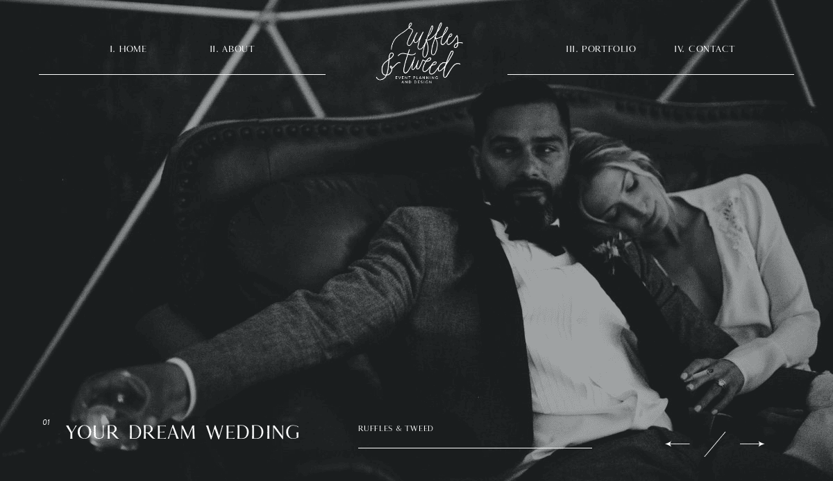 A black and white photo of a couple on a couch; the man in a tuxedo holds a drink as the woman in a wedding dress leans on his shoulder, eyes closed. Text overlays highlight one of the best event planners websites for your perfect day.