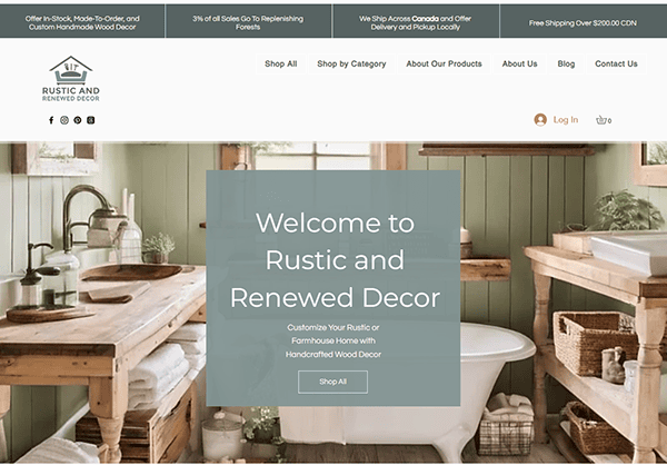 Welcome to Rustic and Renewed Decor, where our homepage showcases a bathroom adorned with wooden decor. Explore our central promotional box and discover how we can customize your rustic or farmhouse home with handcrafted wood pieces. Visit one of the best furniture refinishing websites today!.