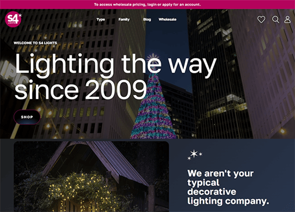 A website homepage for S4 Lights showcases a large holiday tree draped in festive lights. Text reads "Lighting the way since 2009" with navigation links and a small cabin image below. Discover why we're among the best holiday light websites for Holiday Light Installation and services.