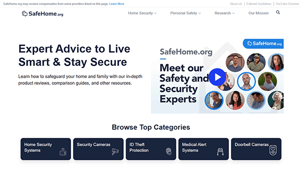 A screenshot of the SafeHome.org homepage showcases expert advice on security. Featuring images of specialists and categories like Home Security Systems, Security Cameras, and Medical Alert Systems, it's a standout among the best security websites for comprehensive protection strategies.