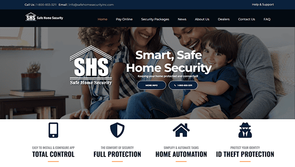 Screenshot of one of the best home security websites, featuring a family on a couch, service icons, and navigation menu for security packages and automation.