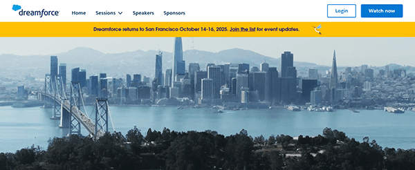 Experience the stunning skyline view of San Francisco, with the Bay Bridge in the foreground and downtown skyscrapers towering behind, while attending Dreamforce 2023. From October 16-18, explore innovative ideas at one of this year's premier conference websites.