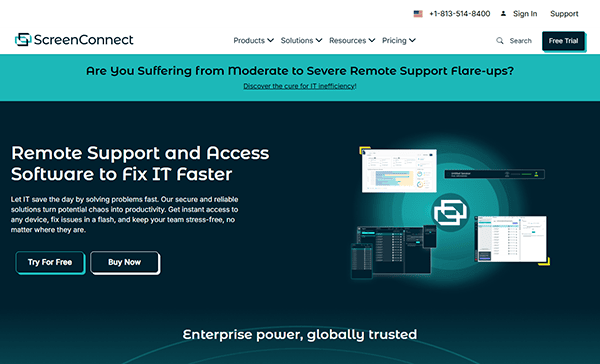 Screenshot of the ScreenConnect website, one of the best computer repair websites, offering remote support and access software solutions. Options to try or buy the service are available, with customer support contact at the top for any inquiries.