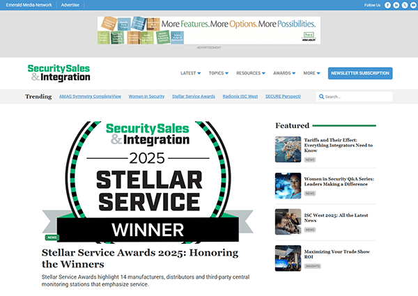 The website page announces the Security Sales & Integration 2025 Stellar Service Awards winner and features related articles. Dive into insights from top home security websites, showcasing the best practices in the industry.