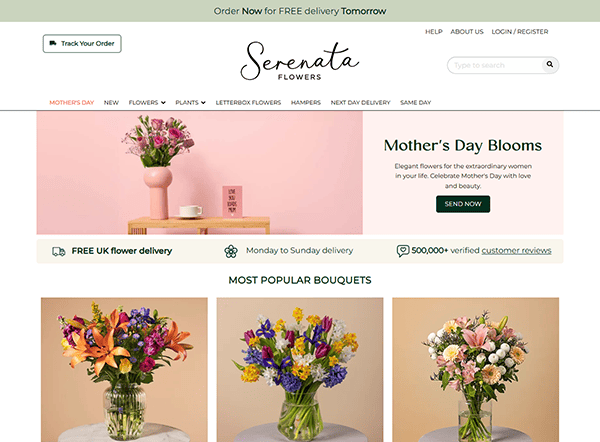 Discover the best florist website for Mother's Day at Serenata Flowers. Explore a variety of exquisite bouquets with free UK delivery, backed by glowing customer reviews. Trust our florist SEO expertise to make your gift unforgettable.