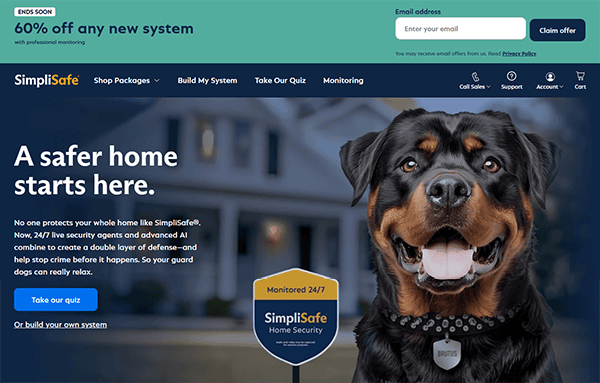 A webpage advertising SimpliSafe home security showcases a large dog with a monitored 24/7 sign on its collar, epitomizing the best home security options for building your dream security system.