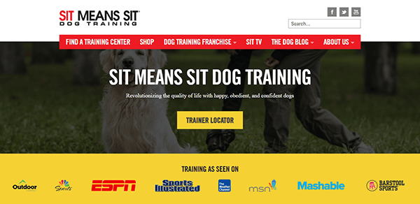 Welcome to Sit Means Sit Dog Training, a leading name in the world of dog training websites. Our homepage features intuitive navigation links and a captivating banner with a happy dog and owner. Discover why we're considered among the best, with media logos proudly displayed at the bottom.