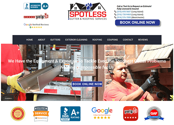 Spotless Gutter & Roofing Services' homepage offers a seamless experience akin to top gutter cleaner websites. It features contact information, service highlights, customer reviews, and a convenient "Book Online Now" button for easy scheduling.
