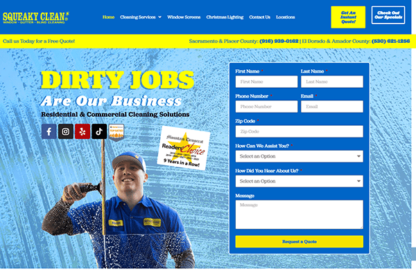 Website screenshot featuring a cleaning service. A smiling worker in blue uniform wipes a window. The form on the right invites users to request a quote. Discover why we’re among the best gutter cleaner websites with our range of services and easy navigation links.