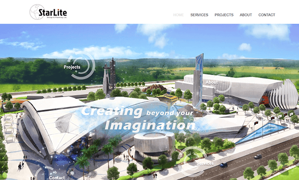 Architectural design rendering of a futuristic complex with curved buildings labeled "StarLite," illuminated like a grand holiday light installation. Text overlay reads "Creating beyond your Imagination." Navigation menu at the top.