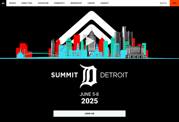 A vibrant skyline illustration features iconic buildings and bridges set against a black backdrop, highlighting "Summit Detroit." This exciting event runs from June 5-8, 2025, and is showcased on one of the best conference websites.
