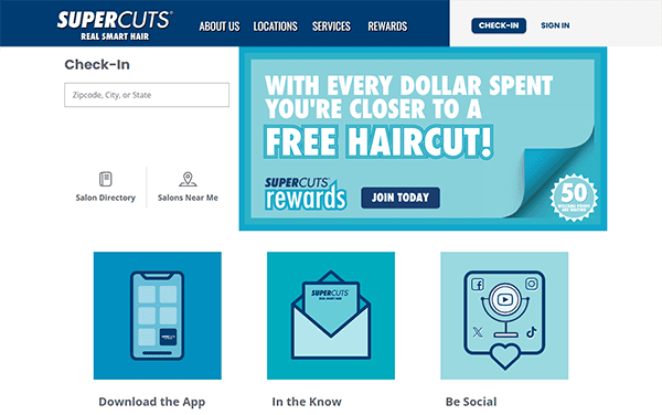 Website screenshot showcasing Supercuts' check-in options and salon directory. Discover the Best Hair Stylist through app downloads and social media links. A banner highlights rewards, earning you a free haircut with every dollar spent. Perfect for those exploring top Hair Stylist Websites.