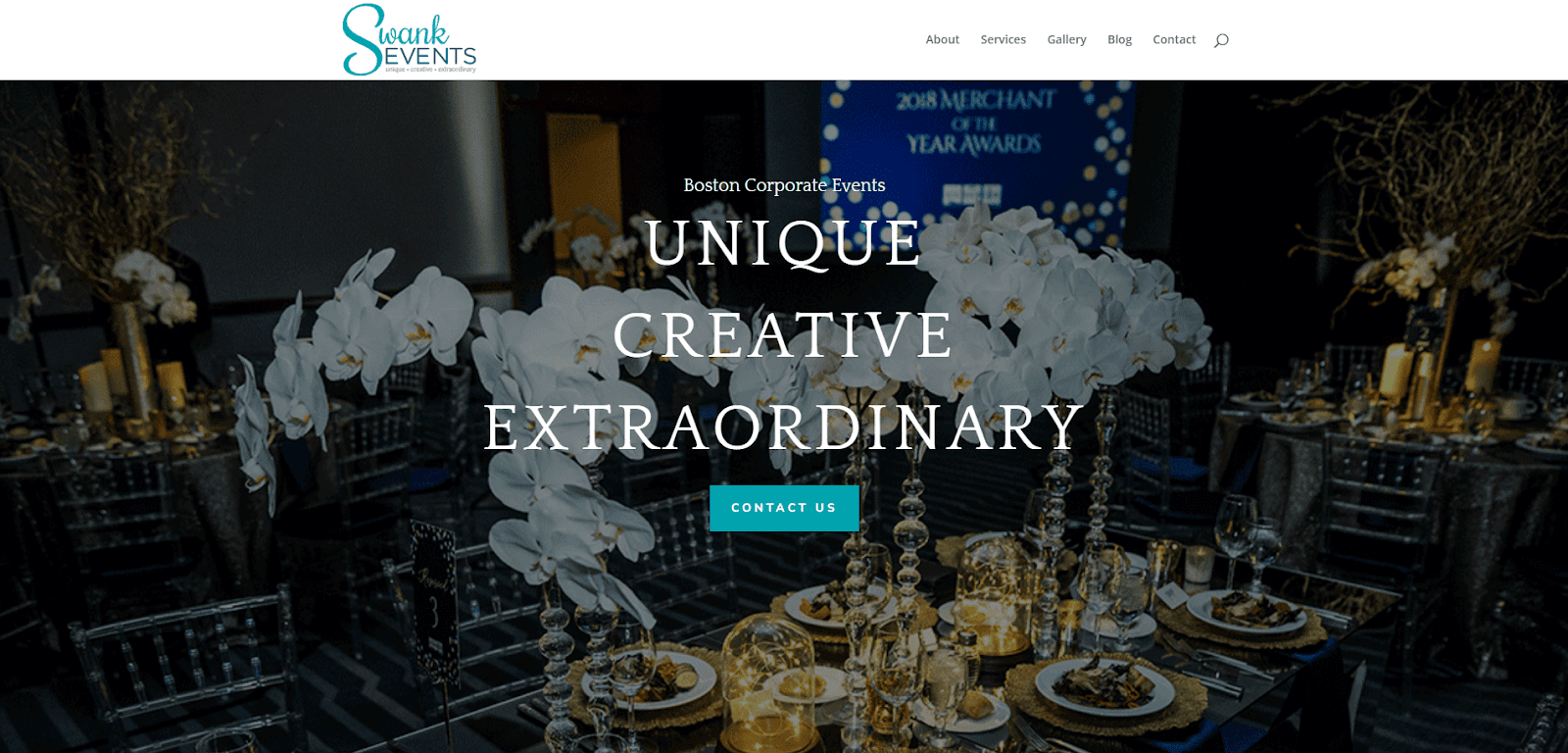 A decorated banquet hall with elegant table settings, white floral centerpieces, and dim lighting. Overlaid text reads: Boston Corporate Events. Unique, Creative, Extraordinary. Leading event planners—Contact Us.
