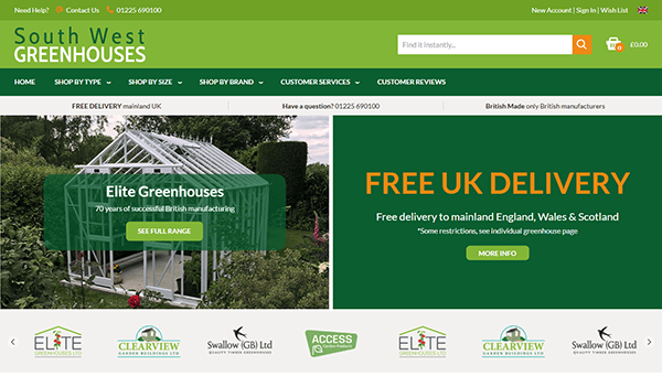 Screenshot of the South West Greenhouses homepage showcasing a premium greenhouse. Highlights include "Free UK Delivery" and logos for esteemed brands like Elite, Clearview, Swallow, and Access Garden Products, marking it as one of the best greenhouse websites in the UK.