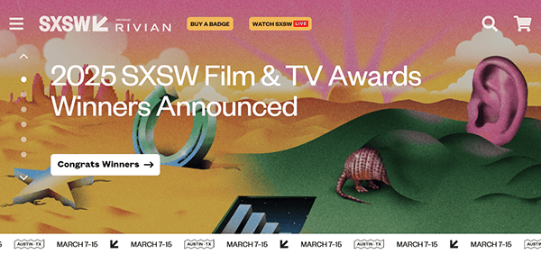 SXSW 2025 Film & TV Awards announcement with surreal landscape art, featuring large abstract shapes and an ear on a green hill, creating intrigue akin to browsing avant-garde websites.