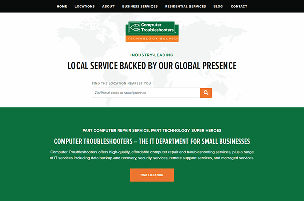 Screenshot of the Computer Troubleshooters website, showcasing a world map and a search bar for locations. This hub for small business IT services highlights the best computer repair solutions available.