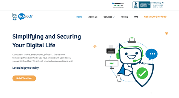 TechToUs website homepage showcases a robot mascot with a shield, highlighting top-notch digital life security services. As one of the best computer repair websites, it features a sleek navigation menu and contact number for immediate support.