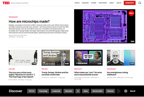 Screenshot of the TED website homepage showcasing a highlighted talk on microchips, alongside various other talks under technology, culture, and politics. As one of the top conference websites, TED offers diverse insights for curious minds.