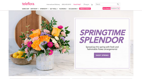 Floral arrangement with yellow roses and pink flowers in a vase next to a "Springtime Splendor" promotion banner on a leading florist website.