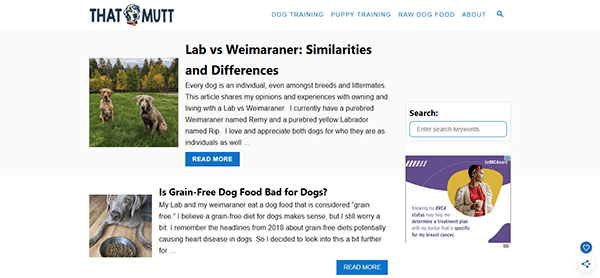 The website screenshot showcases articles like "Lab vs Weimaraner: Similarities and Differences," featuring adorable dog images, and "Is Grain-Free Dog Food Bad for Dogs?" with a woman cuddling a puppy. Ideal for dog lovers, it's a great resource alongside top dog training websites.
