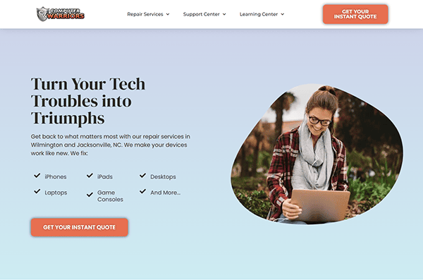 A woman sits smiling on the grass, using her laptop. Text reads: "Turn Your Tech Troubles into Triumphs with our Computer Repair services." We offer repair solutions for a range of devices, with easy contact options.