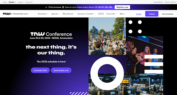 A screenshot of one of the Top Conference Sites, the TNW Conference website showcases event details for June 18-20, 2025, in Amsterdam. Explore options to schedule or book tickets seamlessly.