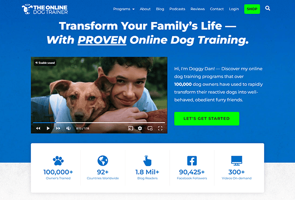 Welcome to the best dog training website, where our homepage features a heartwarming video of a person hugging their well-trained dog. Discover impressive statistics on trained dogs and explore our global reach, proving we're leaders in online dog training.