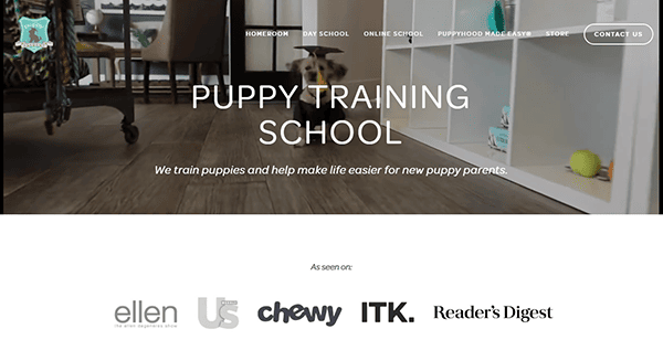 A dog happily running in a room with "Puppy Training School" displayed above, featuring top brands like Ellen and Reader's Digest. Explore the best dog training websites for expert tips and guidance.