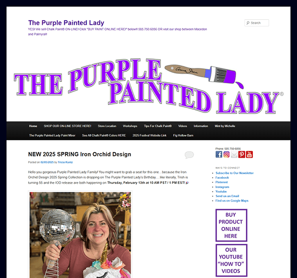 Screenshot of a blog post titled "NEW 2025 SPRING Iron Orchid Design" from The Purple Painted Lady website, featuring an image of a person holding a decorative object, perfect for adding unique touches in furniture restoration projects.