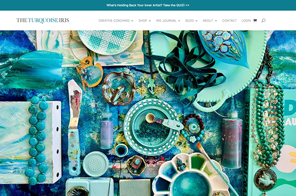 Art supplies laid out on a textured blue surface, including brushes, paint bottles, beads, and ribbon evoke creativity. The title bar proudly displays "The Turquoise Iris," a nod to one of the best furniture refinishing websites dedicated to transforming pieces into timeless treasures.